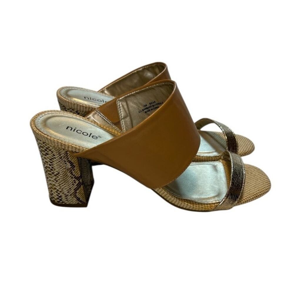 Nicole Briar snakeskin block heel sandal, Brown & Metallic Gold, 10m NWOB